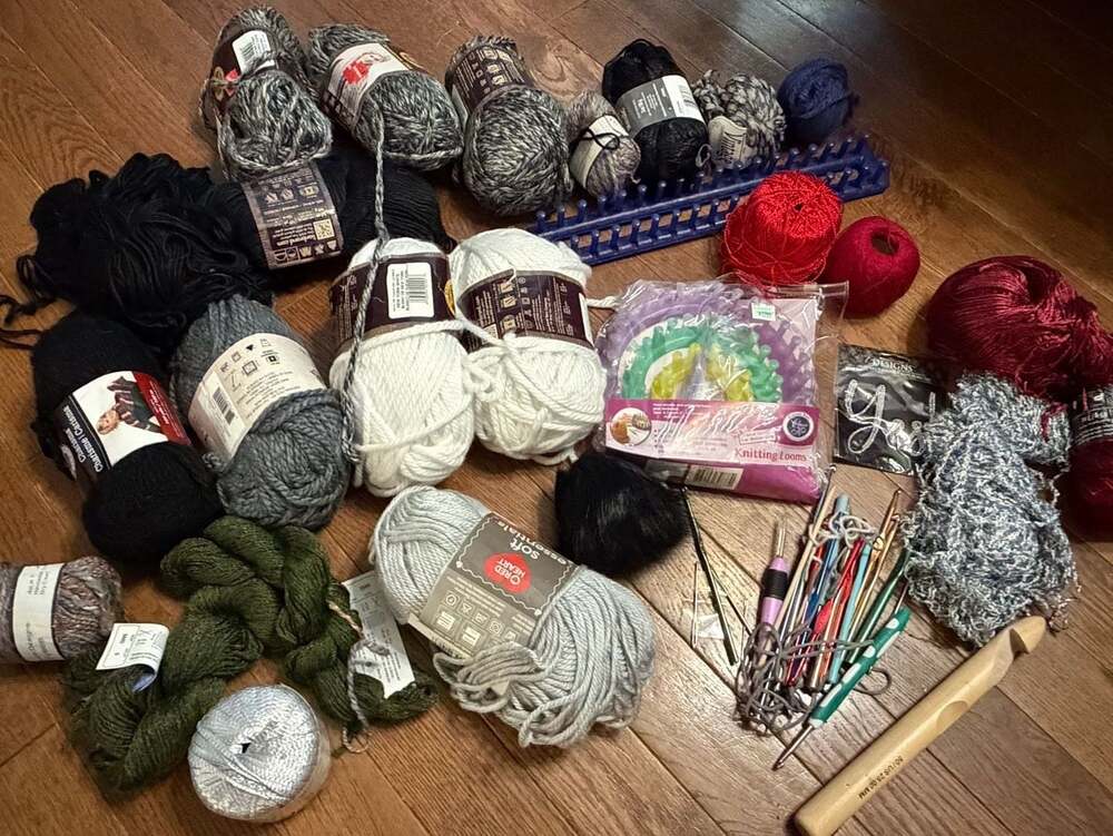 Large Craft Lot of Yarn Skeins, Knitting Looms, and Crochet Hooks